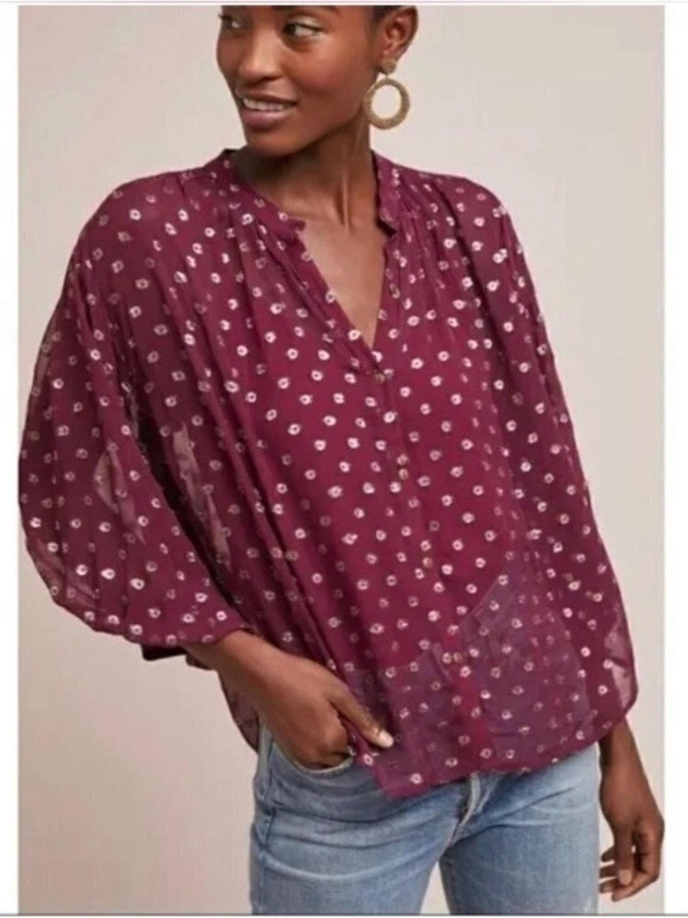 Anthropologie Moulinette Soeurs Burgundy Printed Split-Neck sheer Peasant Blouse